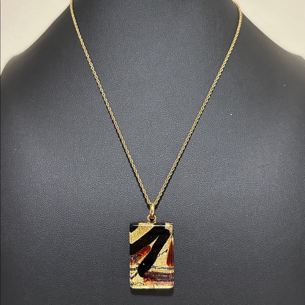MURANO Glass Signed Rectangular Pendant On Gold Tone Chain